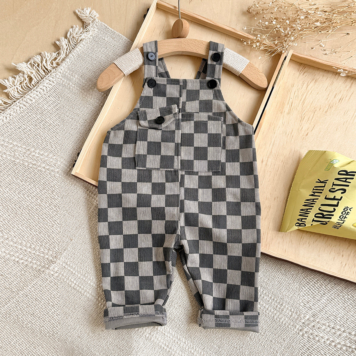 Baby Checkerboard Corduroy Overalls With Front Pocket