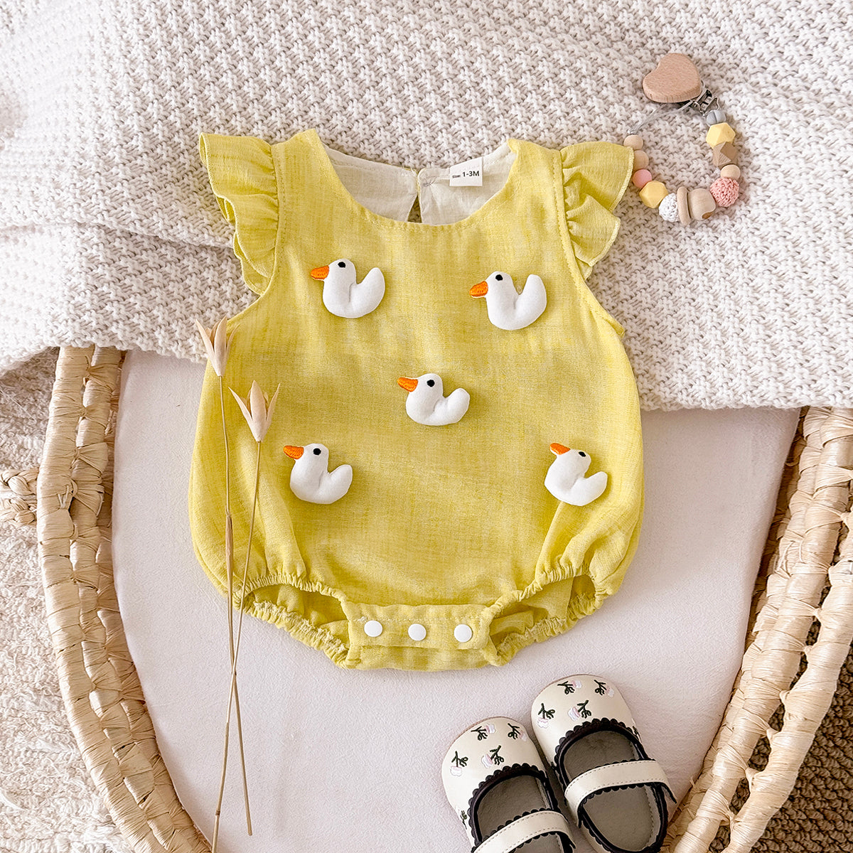 Summer Candy Color Romper with Heart & Duck Print for Baby Girls