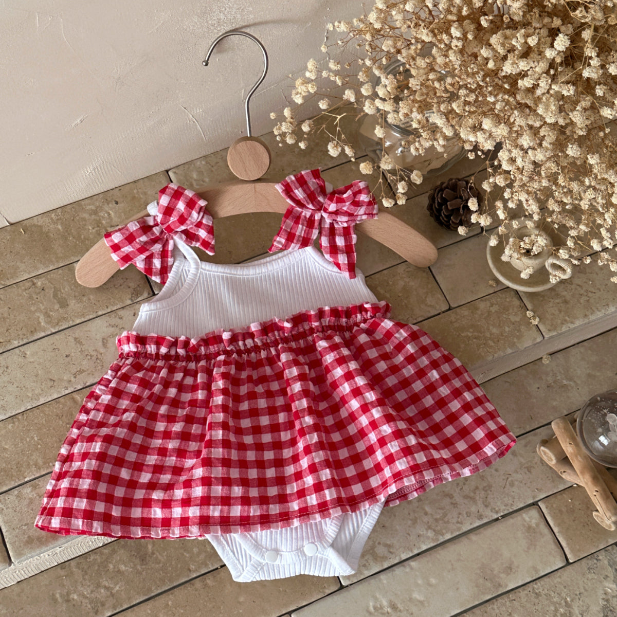 Baby Girl Red Gingham Bow Strap Skirted Bodysuit