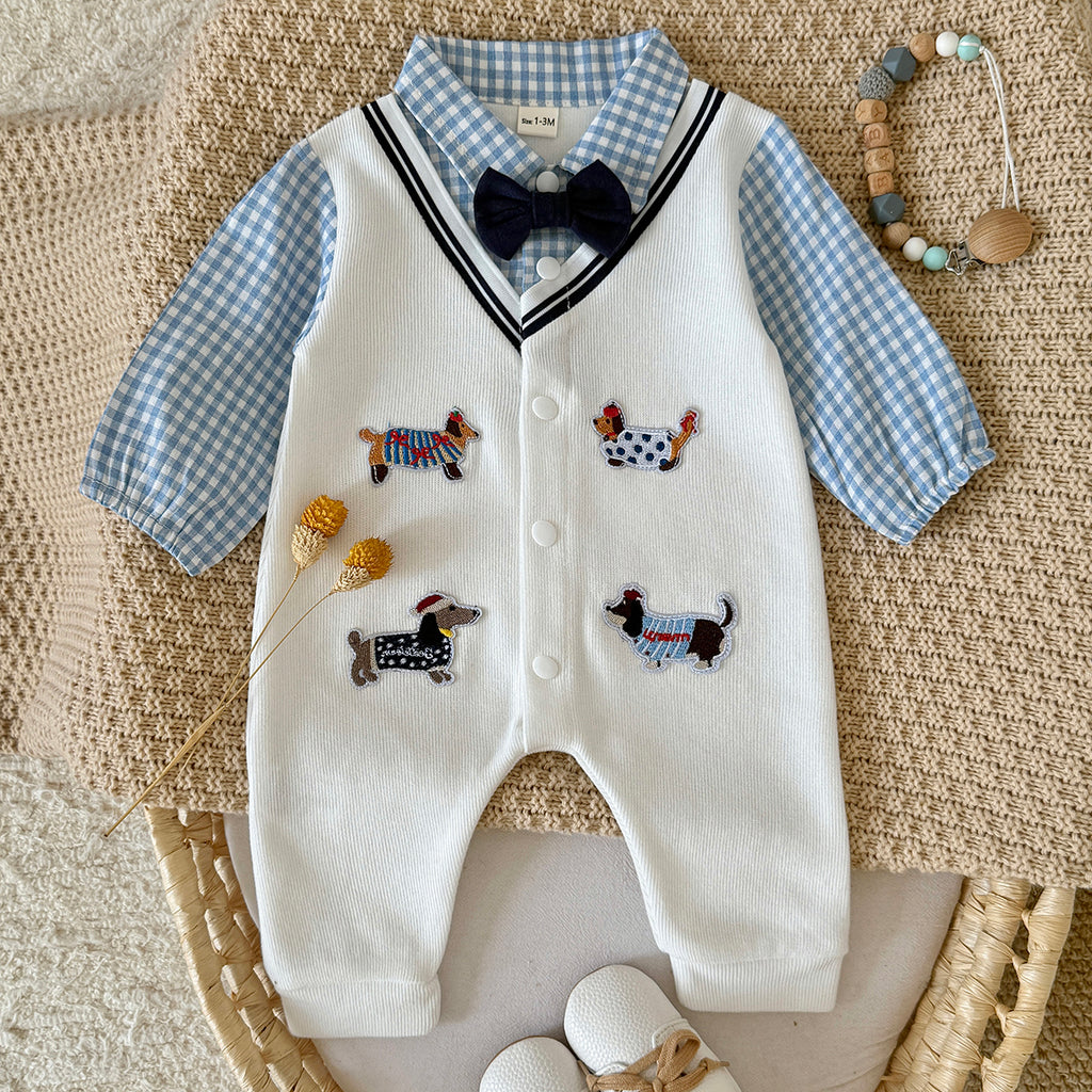 Baby Boy Dachshund Embroidery Plaid Collar Bow Tie Romper
