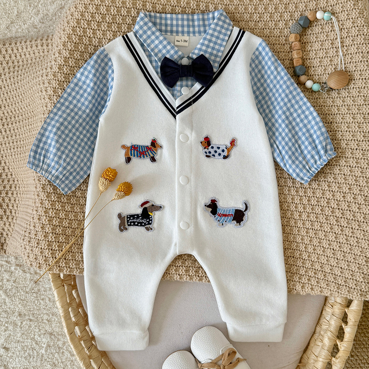 Baby Boy Dachshund Embroidery Plaid Collar Bow Tie Romper