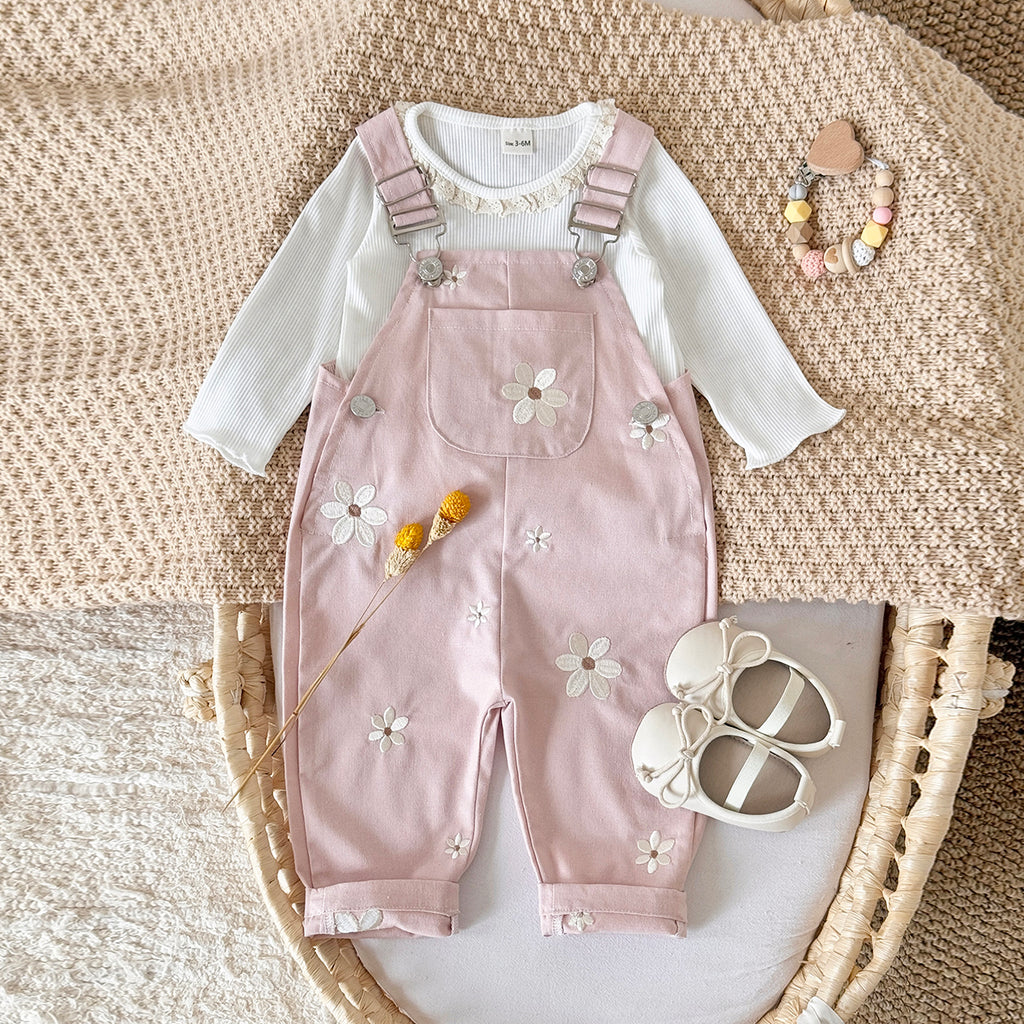 Baby Girl Floral Embroidered Suspender Overalls Spring Autumn Casual Pants 0-3 Years Old