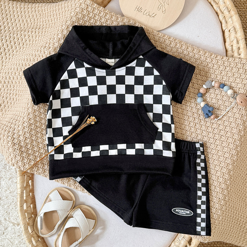 Baby Checkerboard Short Sleeve Hoodie & Shorts 2 Piece Outfit