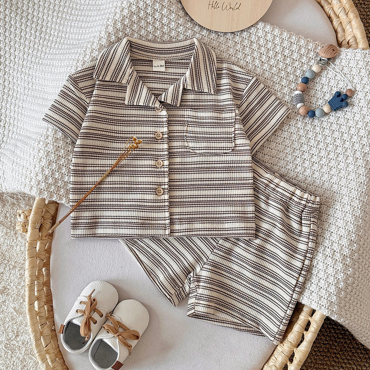 Baby Waffle Striped Button Shirt & Shorts 2Pcs Set