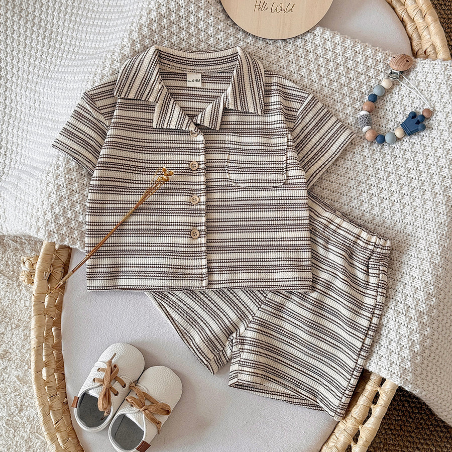 Baby Waffle Striped Button Shirt & Shorts 2Pcs Set