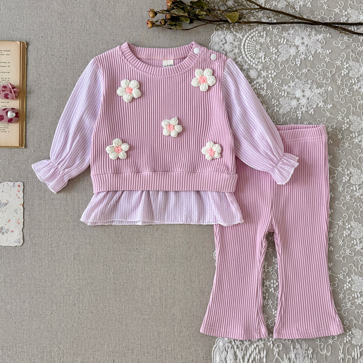 Baby Girl 3D Flower Ruffle Top & Flared Pants Set