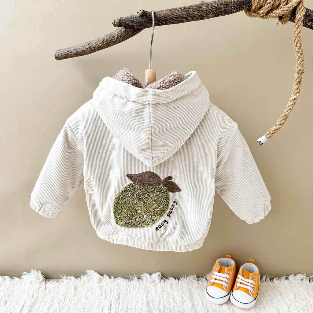 Baby Hooded Fleece Jacket, Lime Towel Embroidery Corduroy Kids Coat