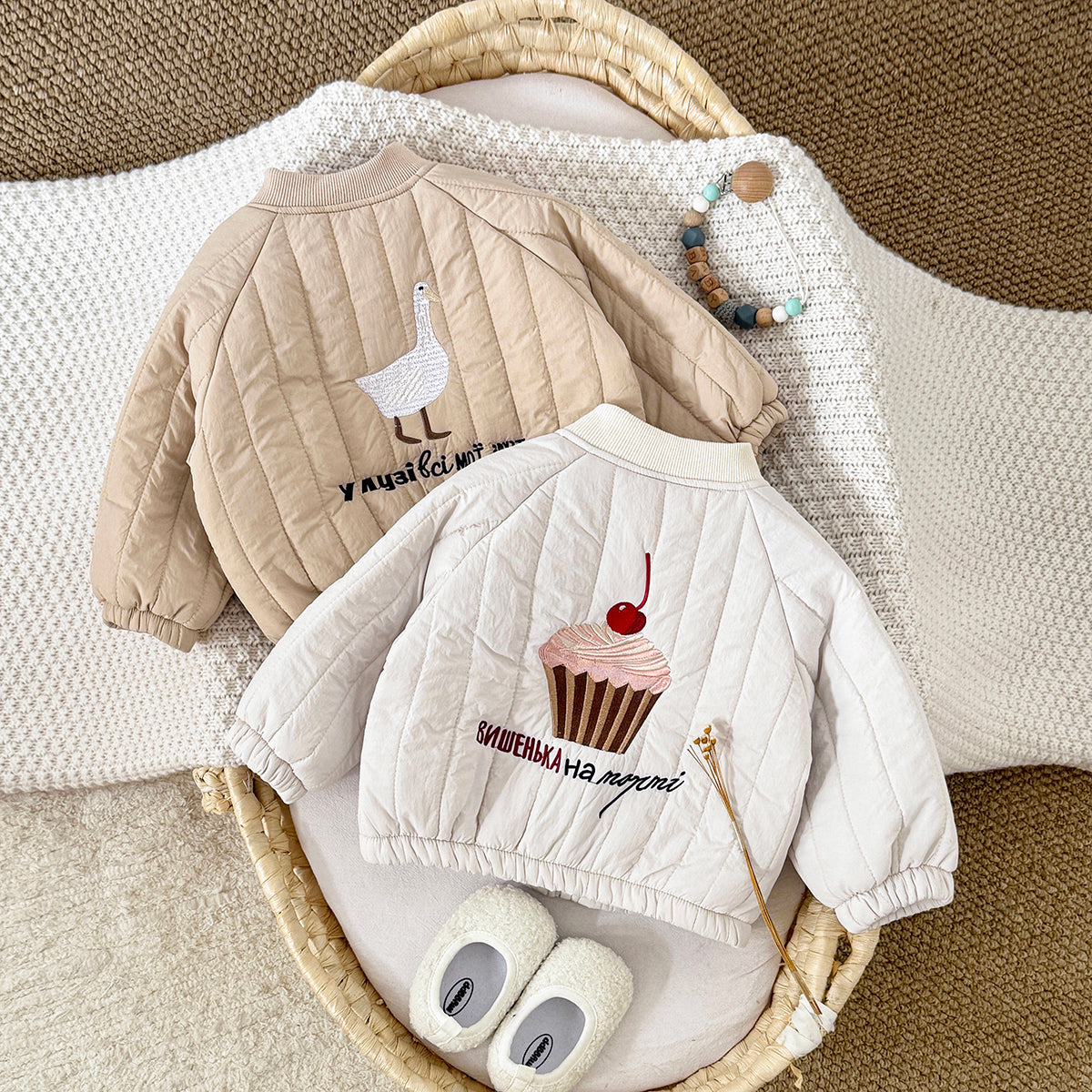 Fun Cartoon Embroidery Infant Quilted Coat Vertical Stitch Toddler Fall Jacket