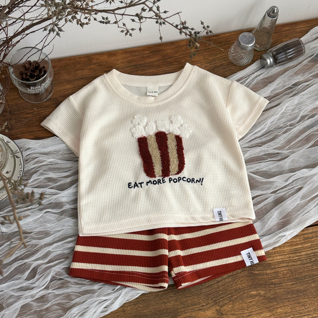 Baby Waffle Popcorn Graphic Tee Striped Shorts Outfit  >