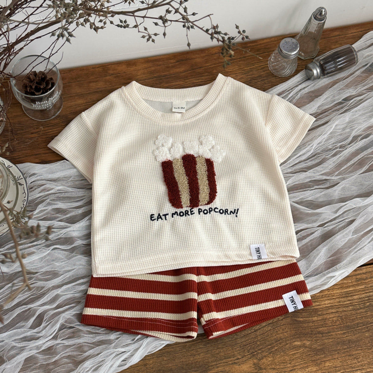 Baby Waffle Popcorn Graphic Tee Striped Shorts Outfit  >