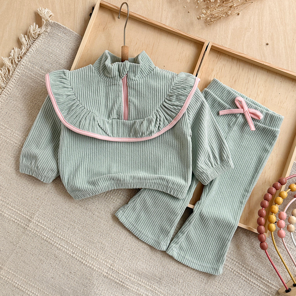 Green corduroy baby girl pants set