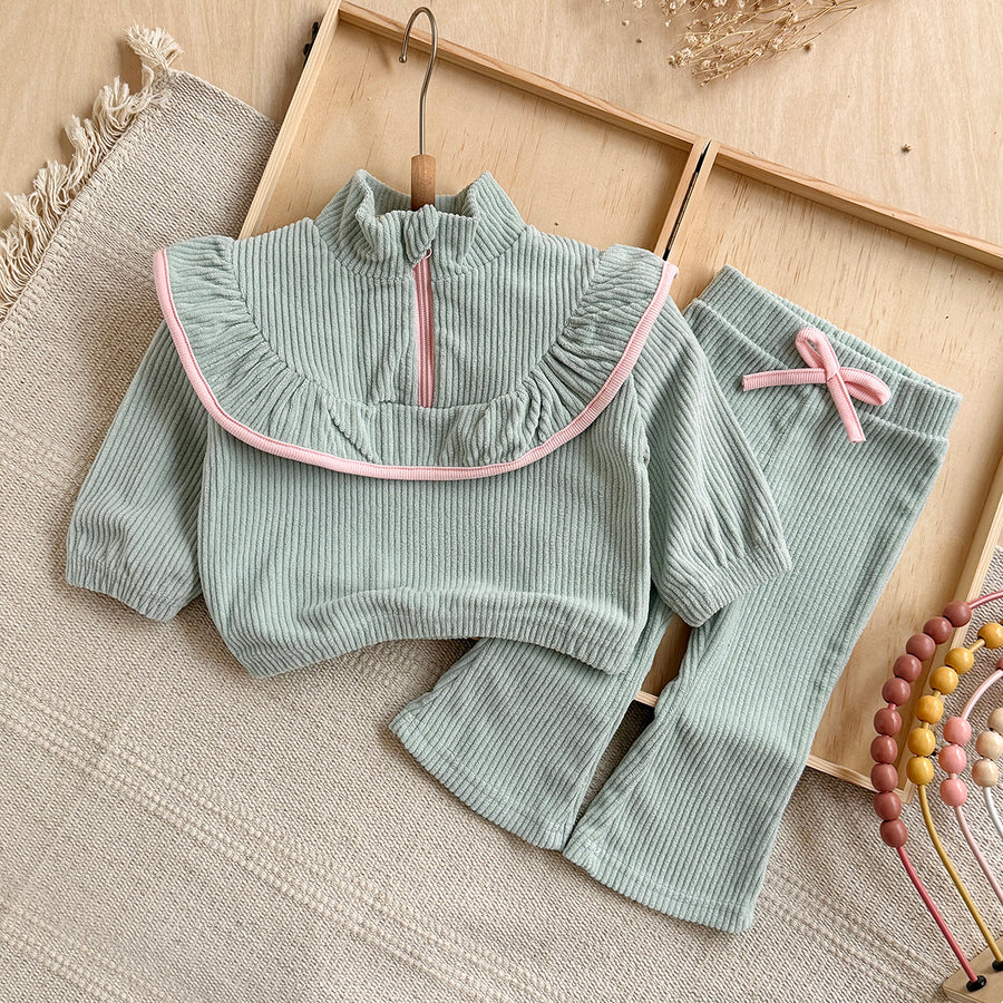 Green corduroy baby girl pants set