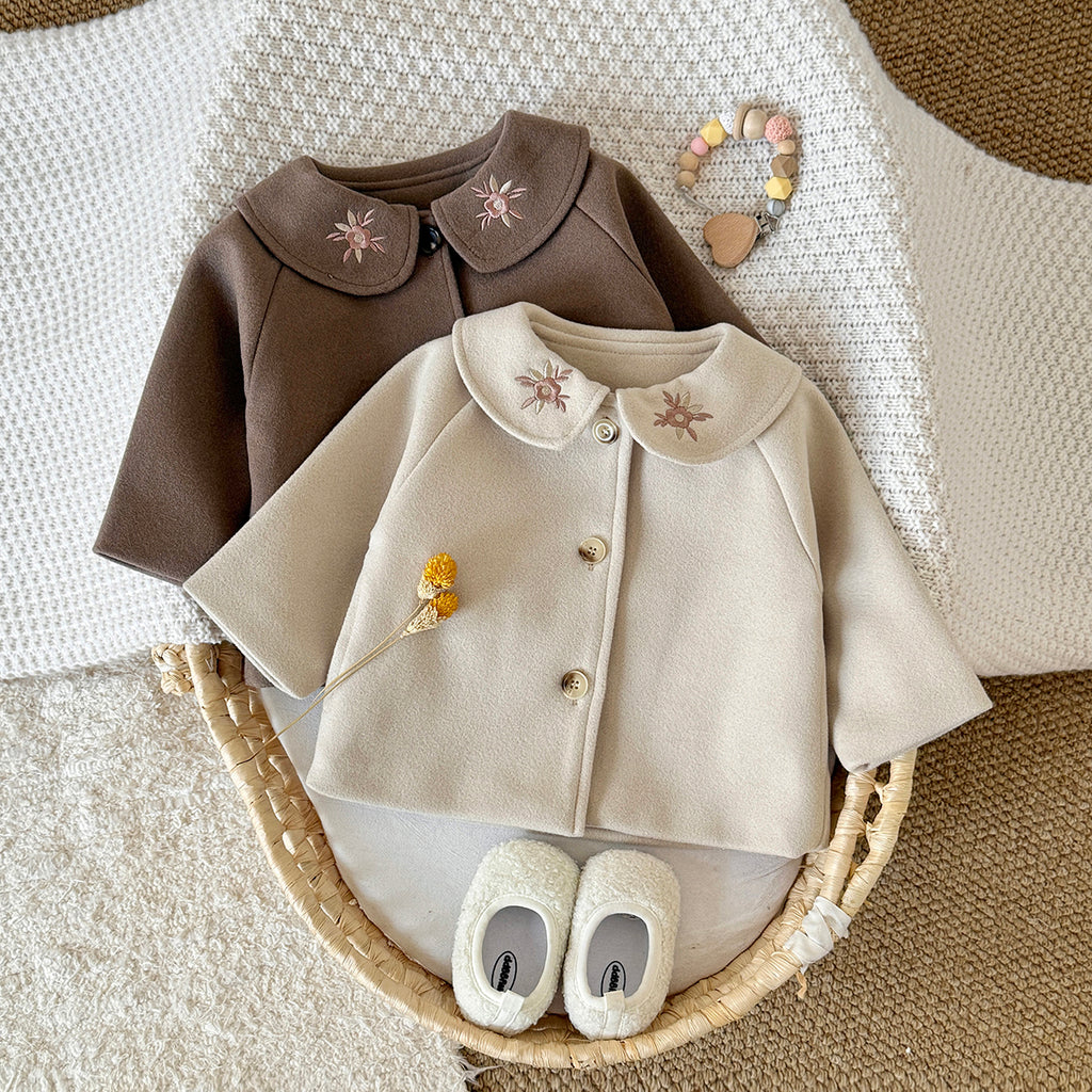 Korean Girls Embroidery Collar Wool Coat Baby Autumn Short Jacket