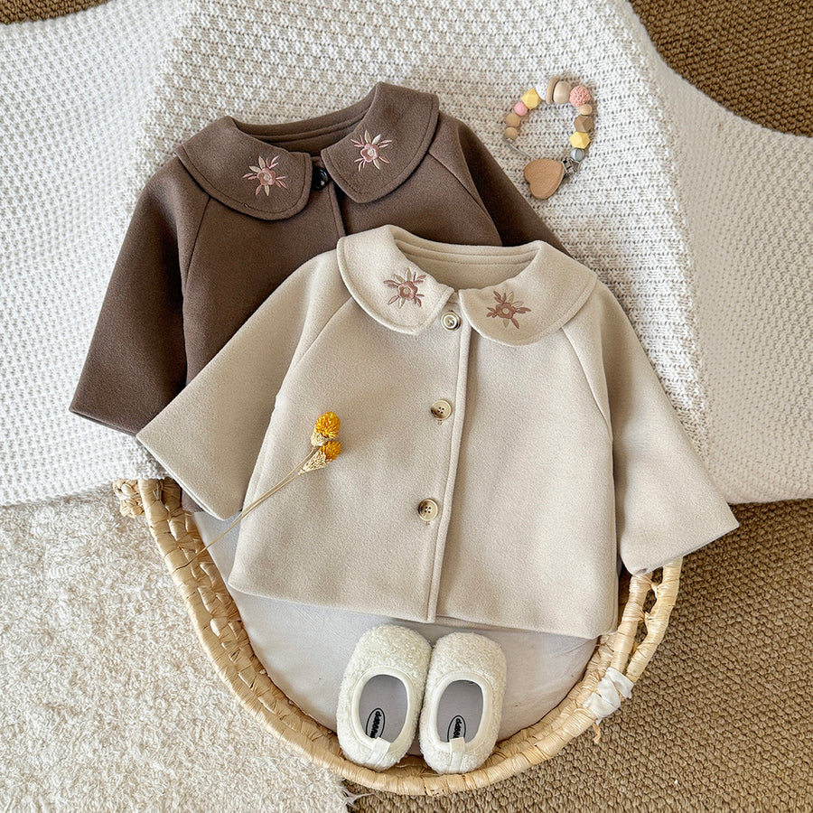 Korean Girls Embroidery Collar Wool Coat Baby Autumn Short Jacket
