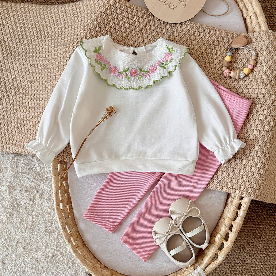 Baby girl white flower embroidered collar pants set