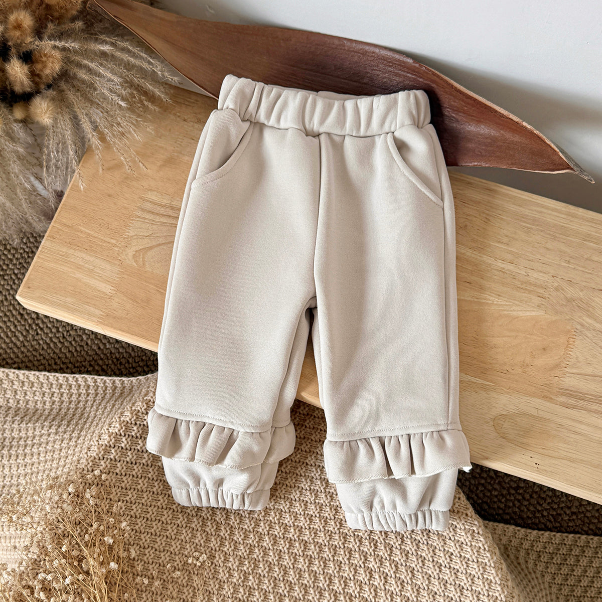 Forest Style Girls Thick Winter Sweatpants Ruffle Hem Infant Warm Trousers
