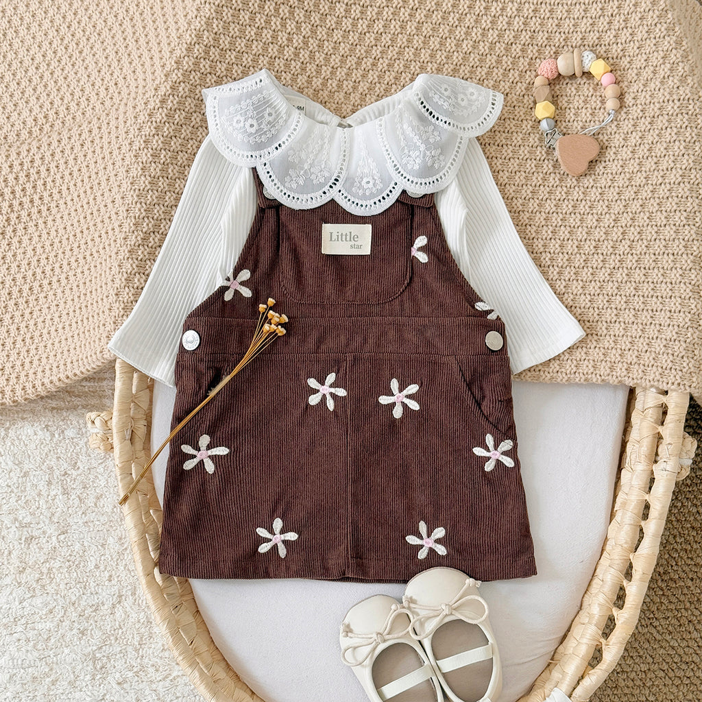 Baby Girl Floral Embroidered Corduroy Suspender Dress 6Months-3years