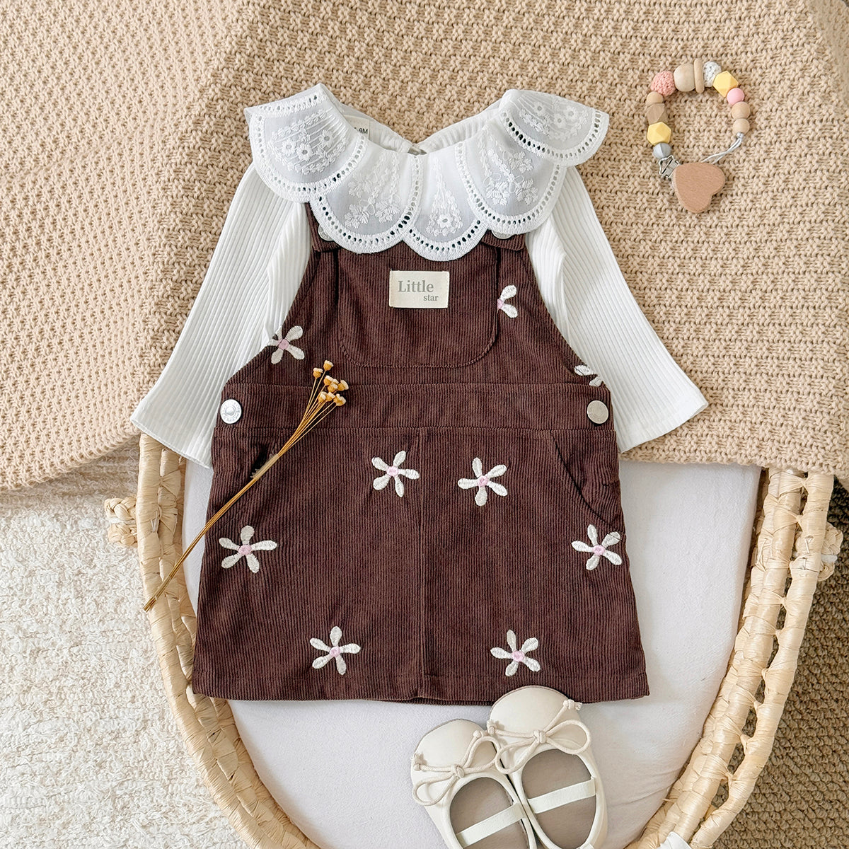 Baby Girl Floral Embroidered Corduroy Suspender Dress 6Months-3years