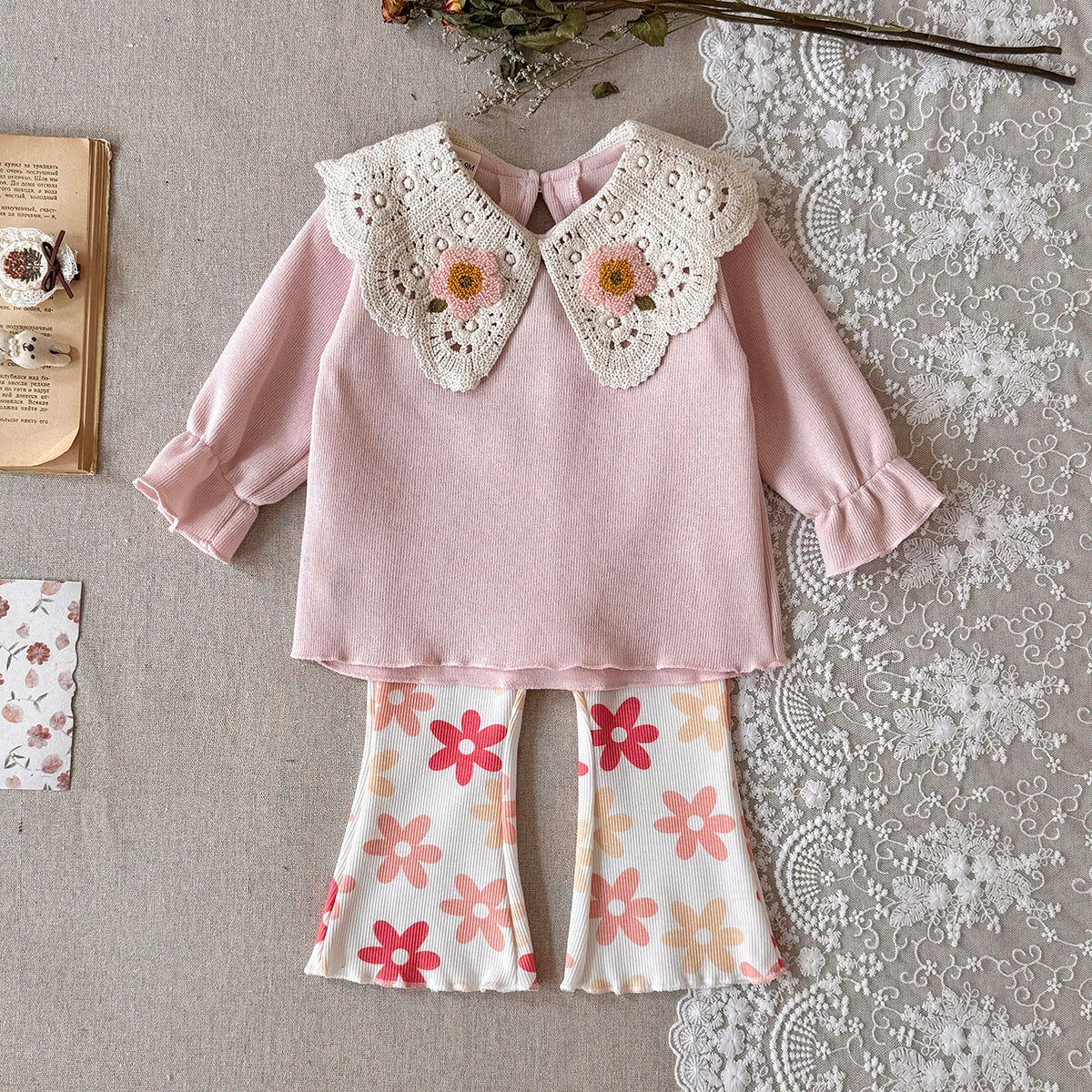 Baby girl Peter Pan collar floral print long sleeved pants set
