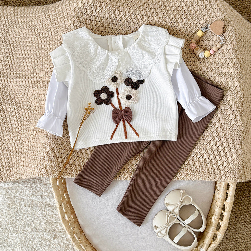 Sweet 3D Tufted Flower Baby Girl Set Spliced Ruffle Sleeve Kids Outfit