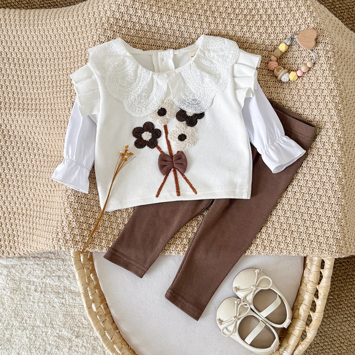 Sweet 3D Tufted Flower Baby Girl Set Spliced Ruffle Sleeve Kids Outfit