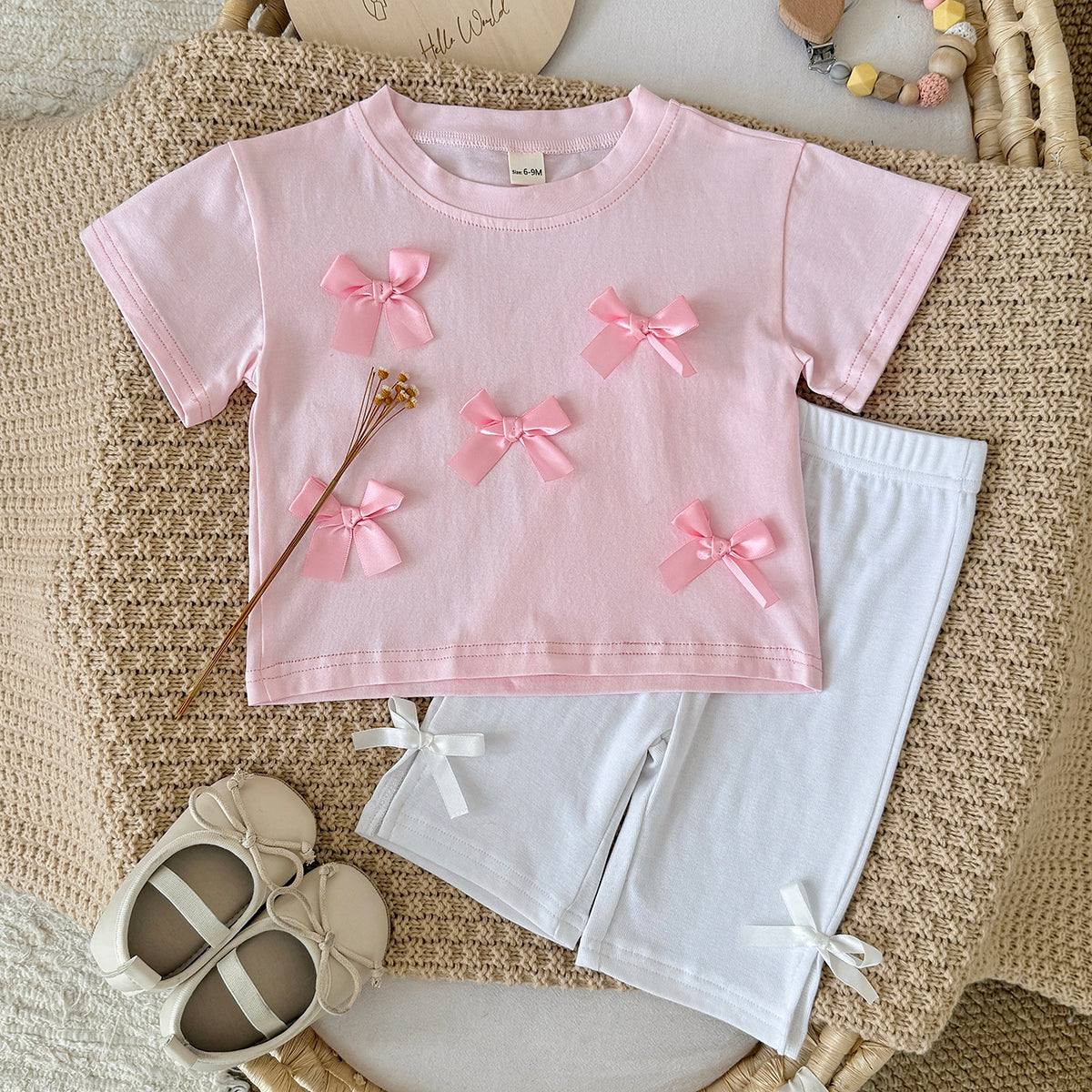 Baby Girl 3D Bow Short Sleeve Tee & Bike Shorts 2Pcs Outfit