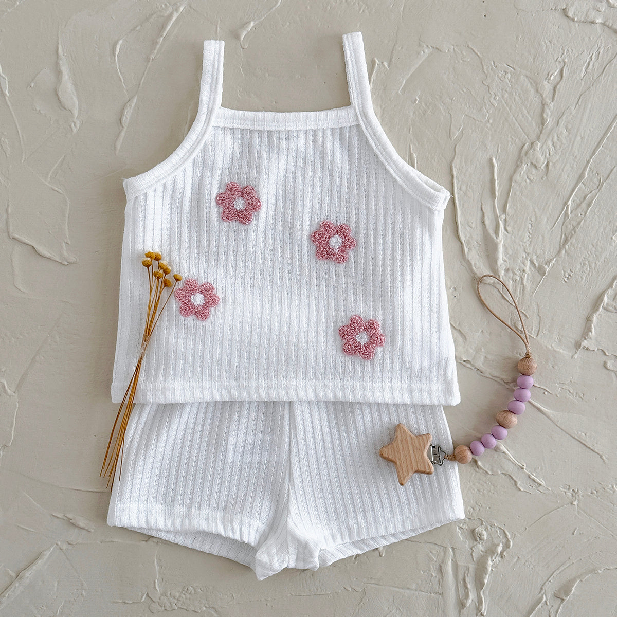 Summer Pink Floral Towel Embroidery Cami Set for Baby Girls