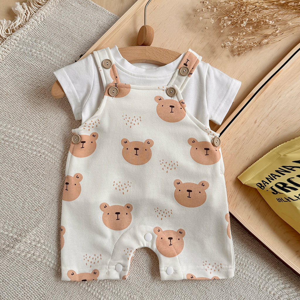 Baby Bear Print Short Overalls & White Tee Set  >