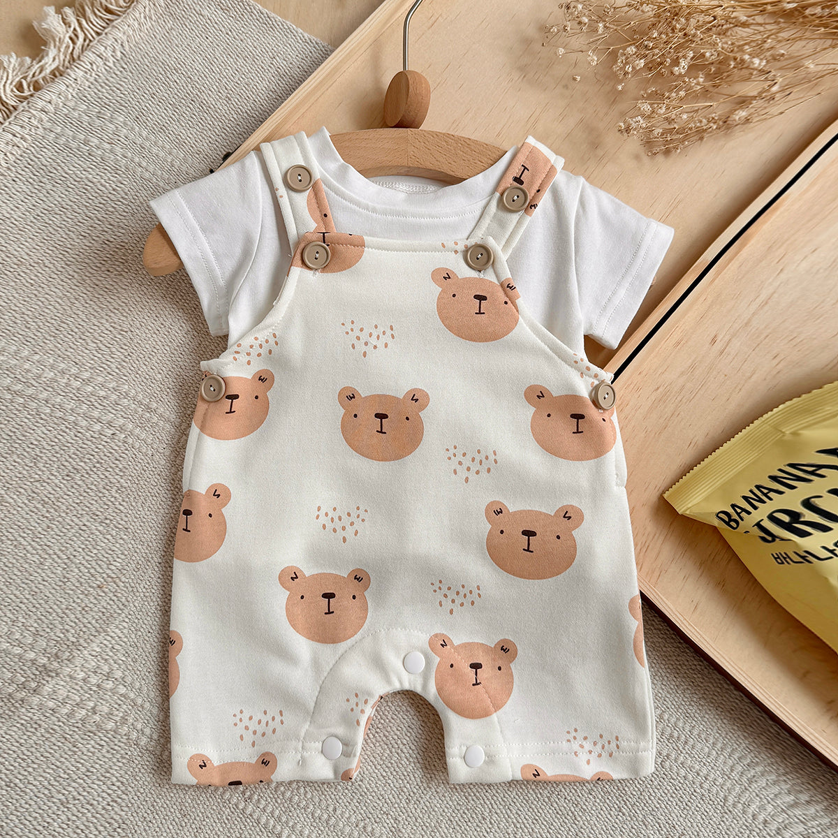 Baby Bear Print Short Overalls & White Tee Set  >