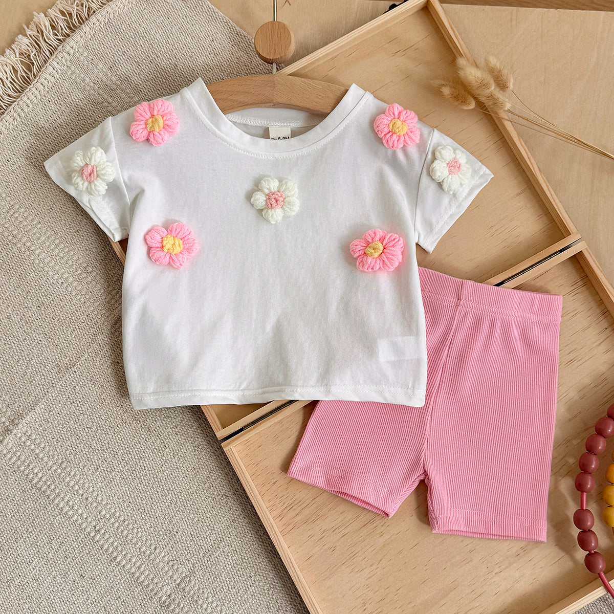Baby Girl 3D Floral Tee & Ribbed Shorts Outfi