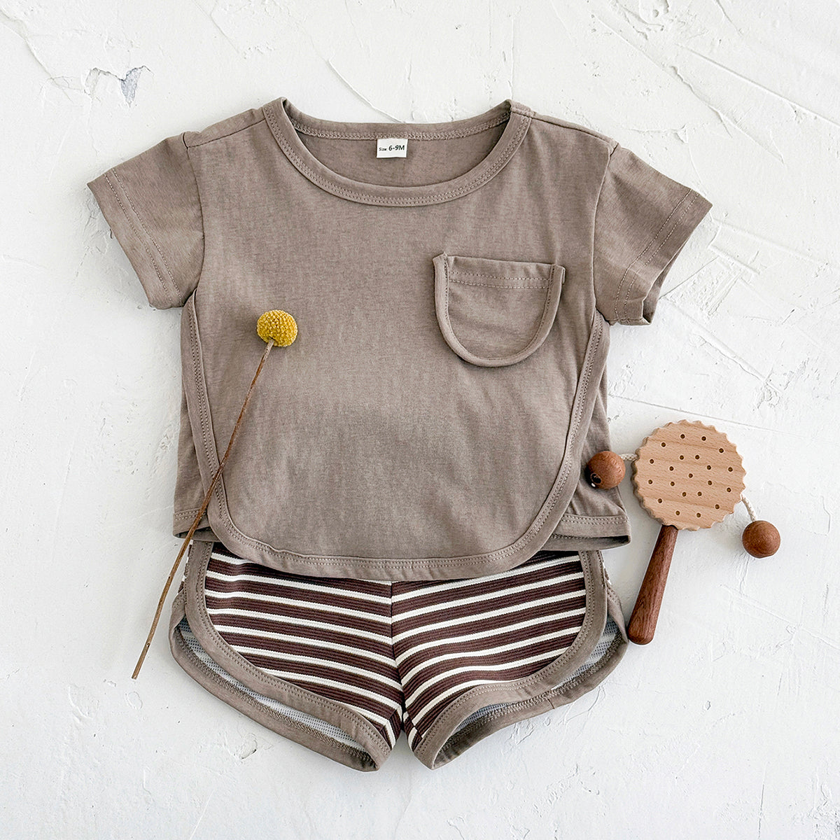 Summer Casual Striped Short Sleeve Set with Chest Pockets