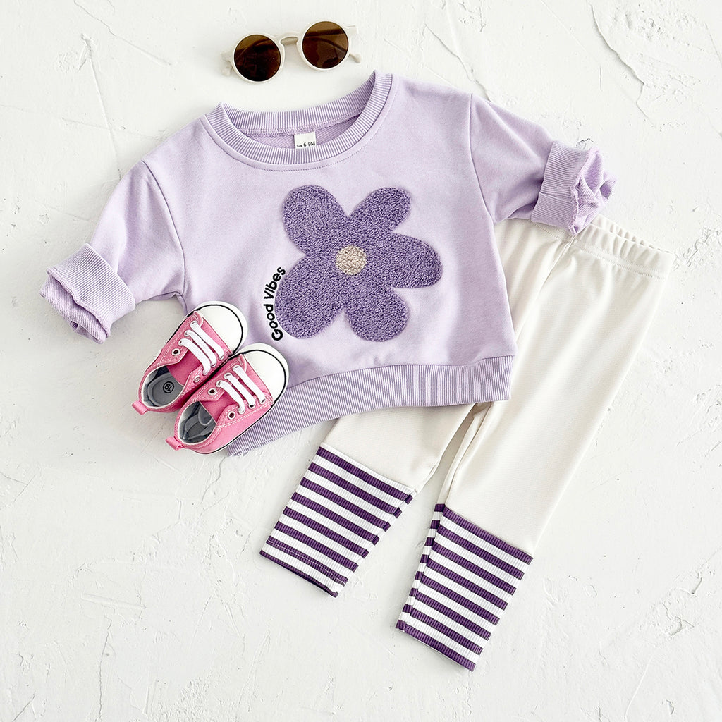 Sweet Baby Girl Set, 3D Flower Sweatshirt Striped Pants