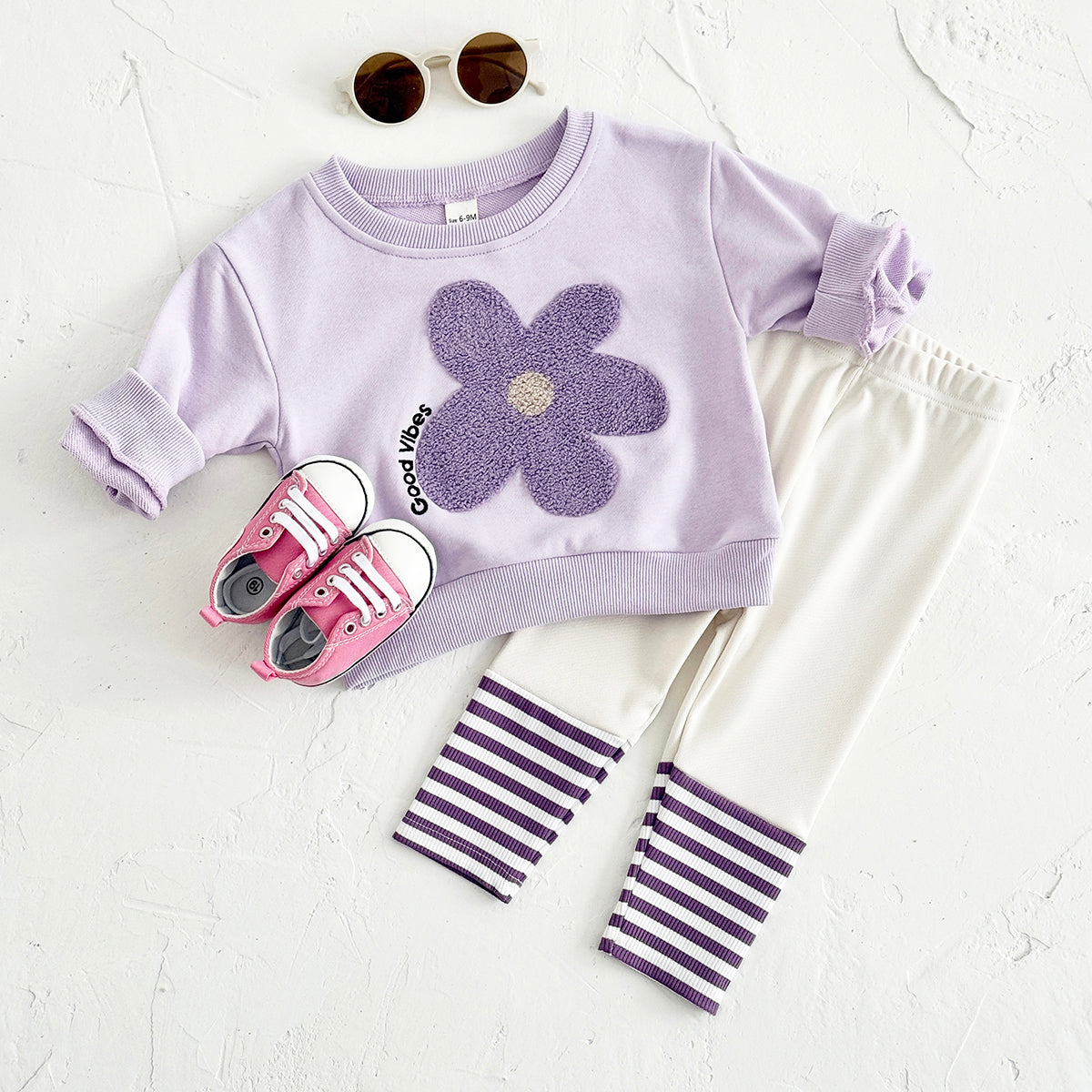 Sweet Baby Girl Set, 3D Flower Sweatshirt Striped Pants