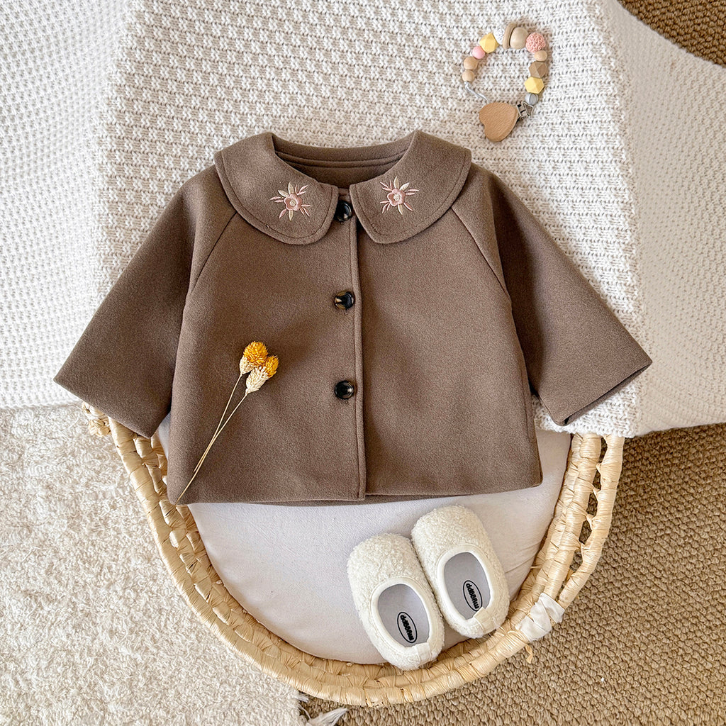 Korean Girls Embroidery Collar Wool Coat Baby Autumn Short Jacket