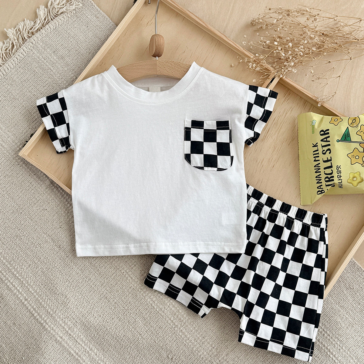 Baby Pocket Short Sleeve T-shirt & Checkerboard Shorts 2 Piece Outfit
