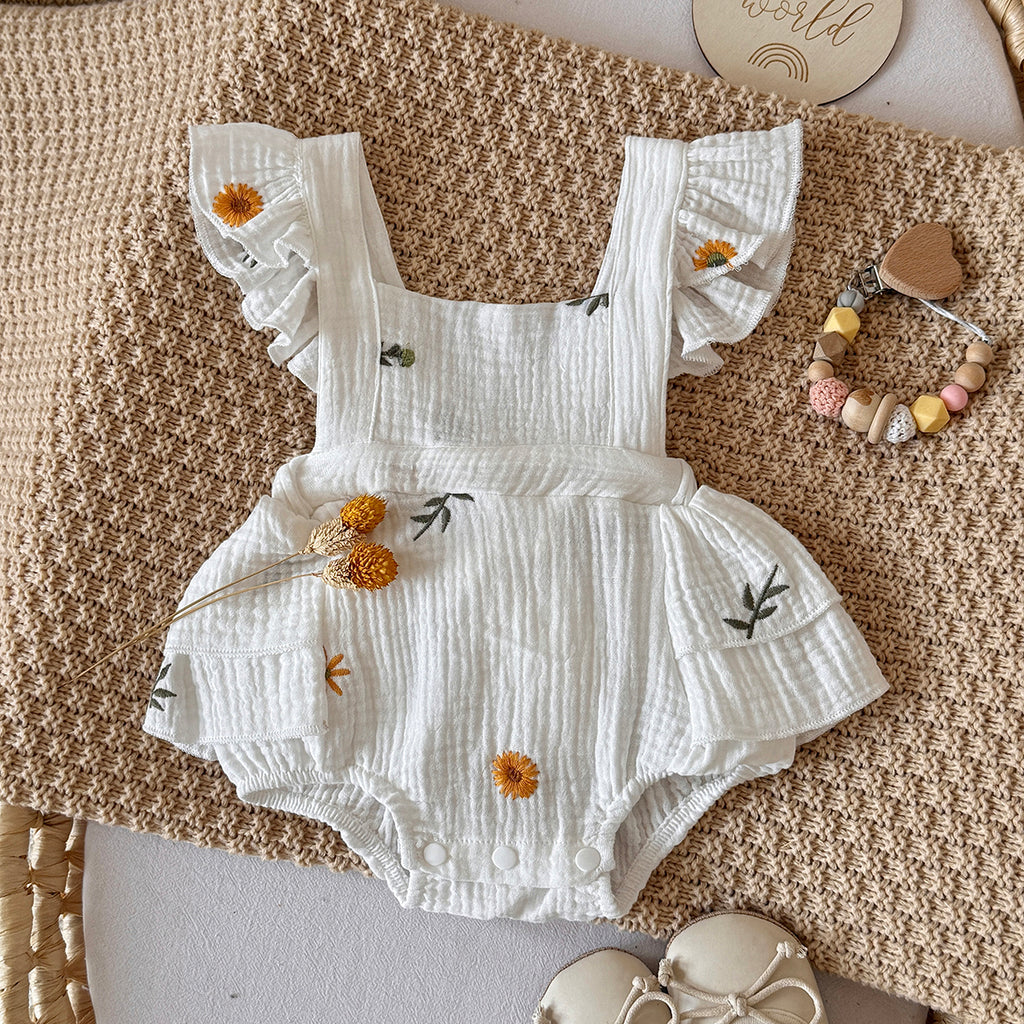 Baby Girl Daisy Embroidered Muslin Ruffle Romper