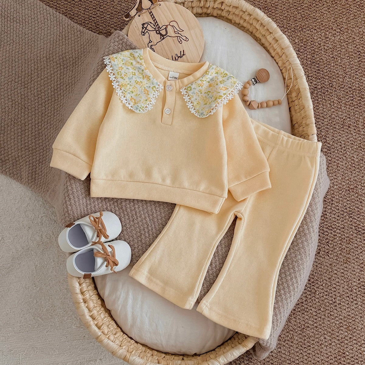 Small Floral Print Neckline Set for Baby Girls, Spring Autumn