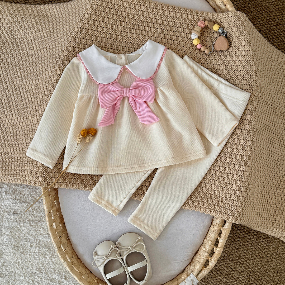 Gentle Cream Girls 2Pcs Big Pink Bow Collar Top Slim Fit Leggings