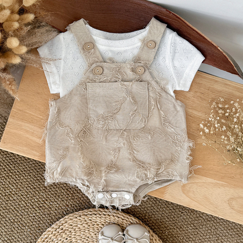 Frayed Texture Baby Overalls Romper Set Eyelet Short Sleeve Tee
