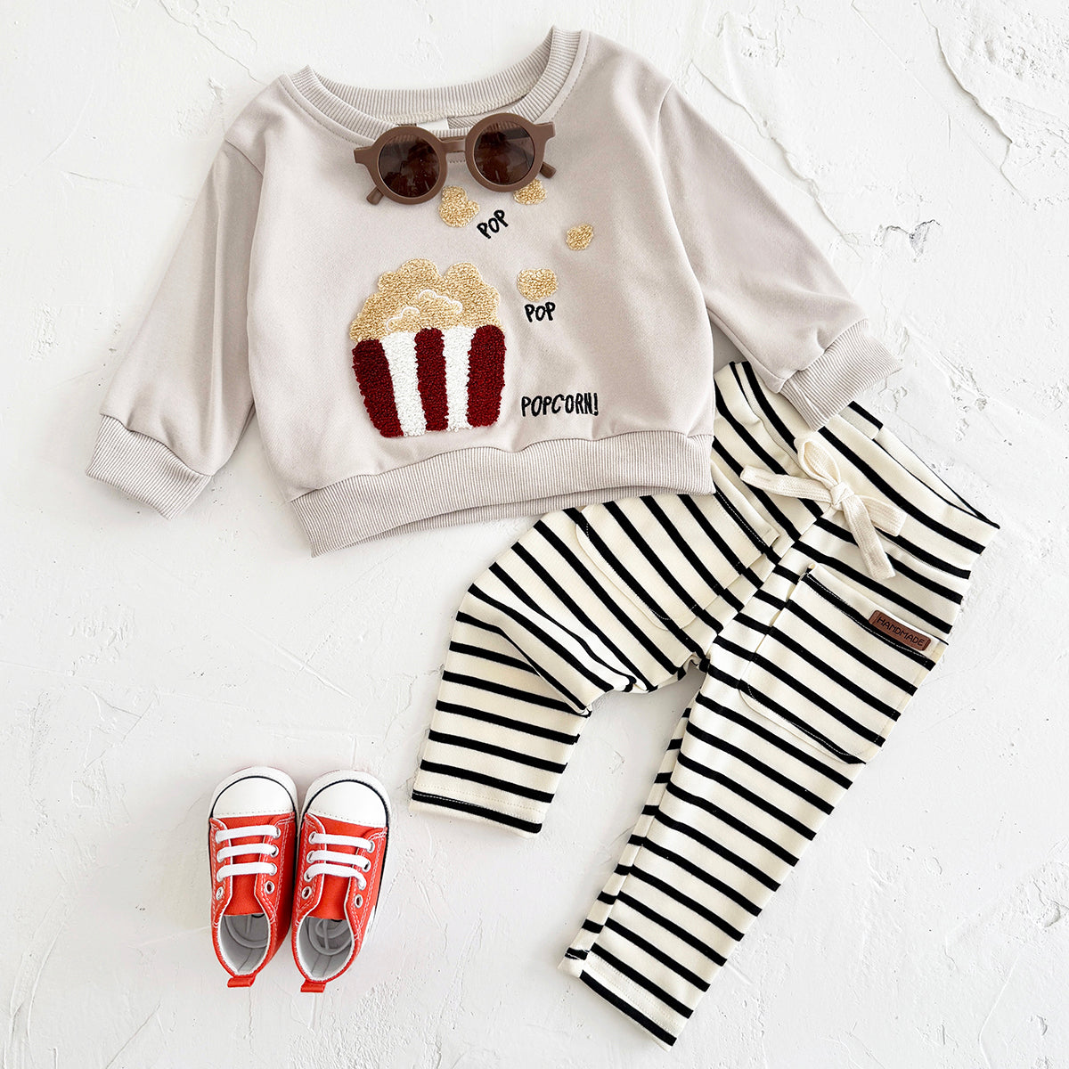 Baby Boy Girl Sweatshirt Set, Cute Popcorn Top With Soft Striped Pants