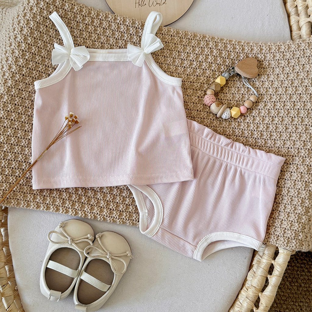 Baby Girl Ribbed Cami Top & Shorts Bow Outfi