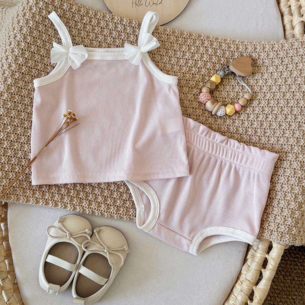 Baby Girl Ribbed Cami Top & Shorts Bow Outfi