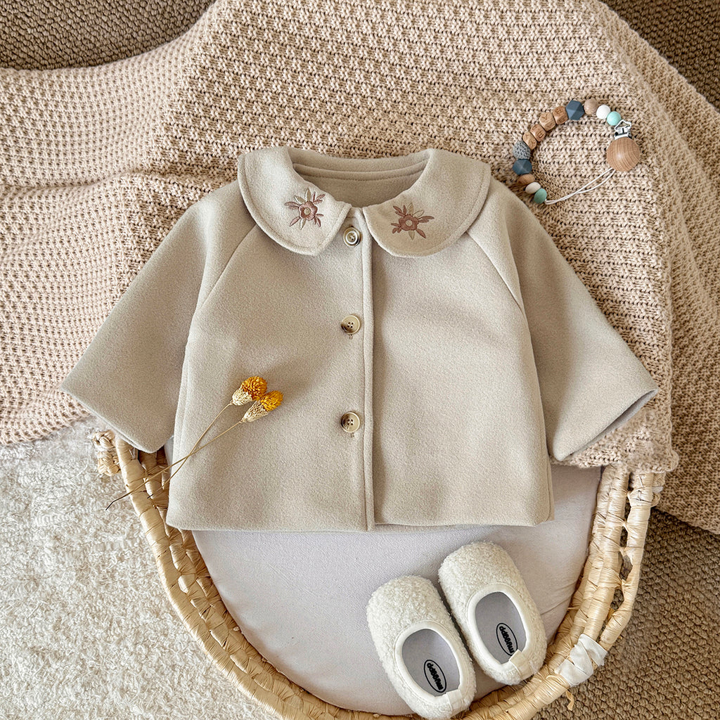 Korean Girls Embroidery Collar Wool Coat Baby Autumn Short Jacket