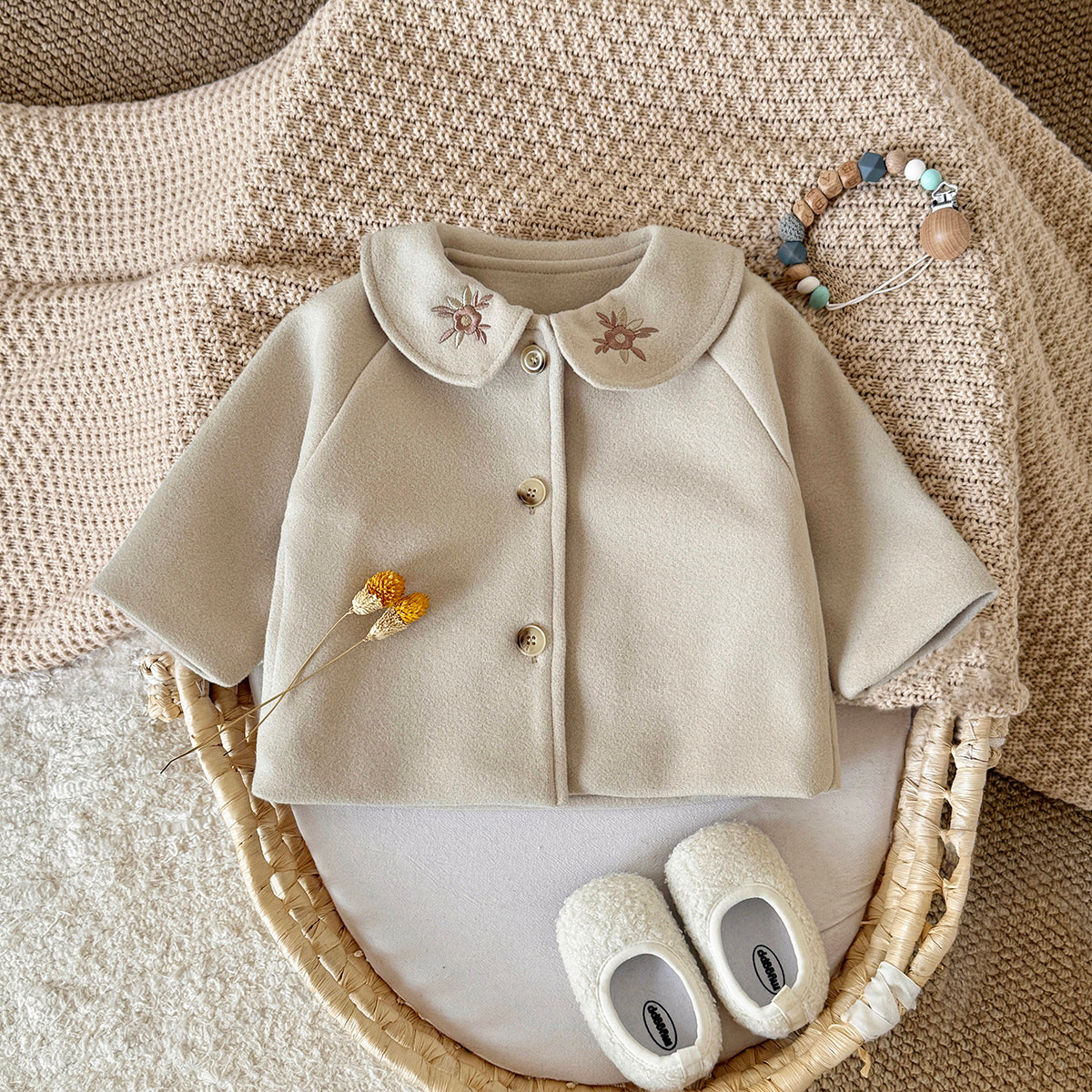 Korean Girls Embroidery Collar Wool Coat Baby Autumn Short Jacket