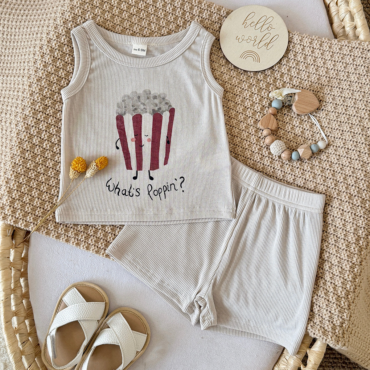 Baby Ribbed Tank Top & Shorts Set, Popcorn Print Outfit