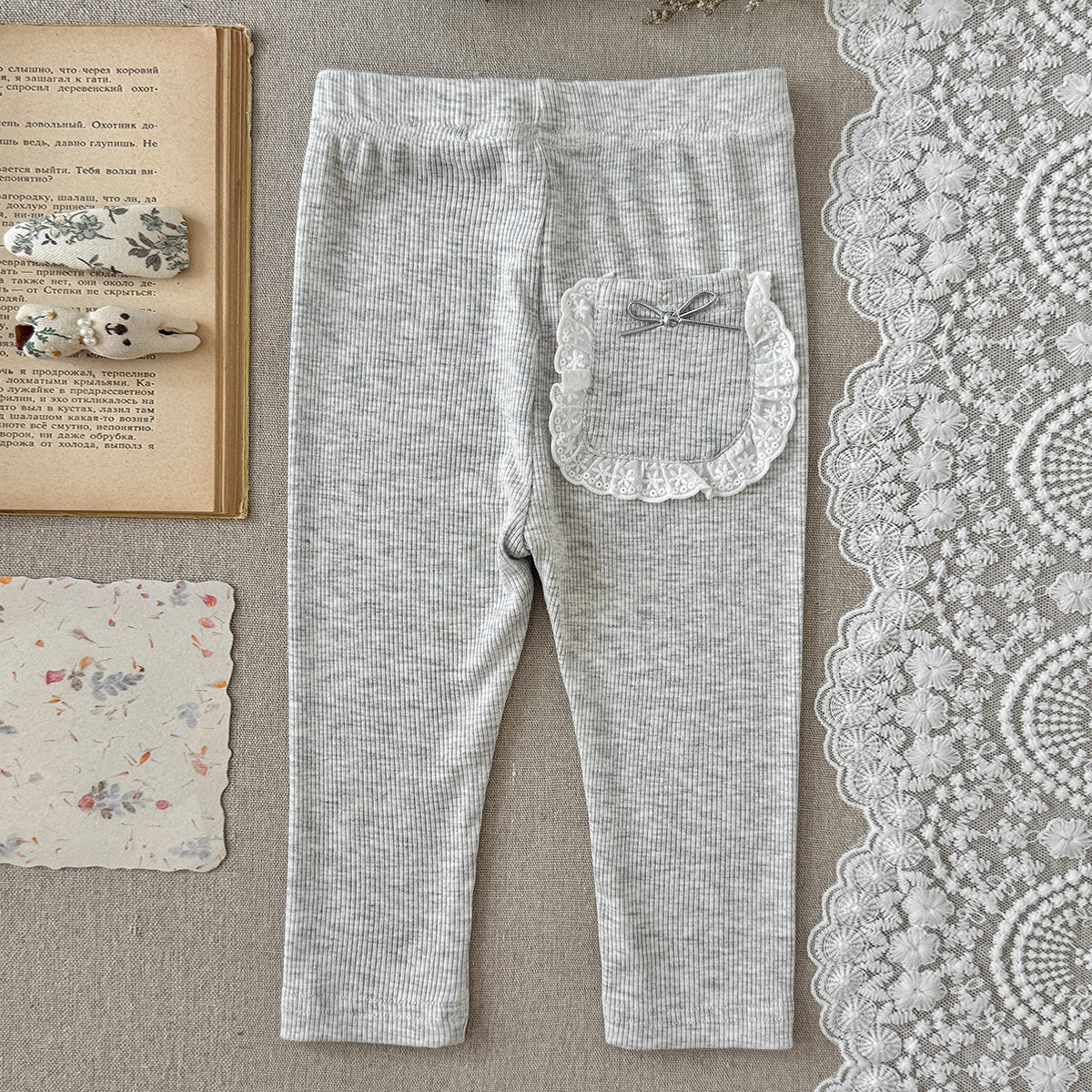 Baby Girls Ribbed Leggings Lace Pocket with Bow Decor