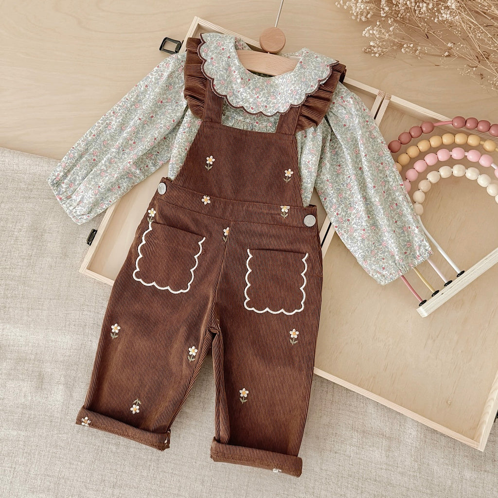 Baby girl brown flower embroidered corduroy overalls 0-3 years old