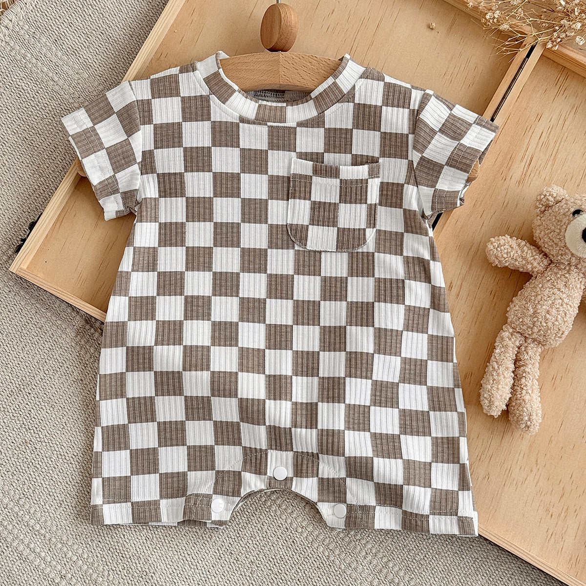 Baby Checkerboard Ribbed Short Sleeve Pocket Romper