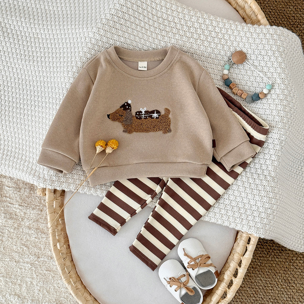 Spring Autumn Baby Set, Fun Dachshund Sweatshirt & Striped Pants