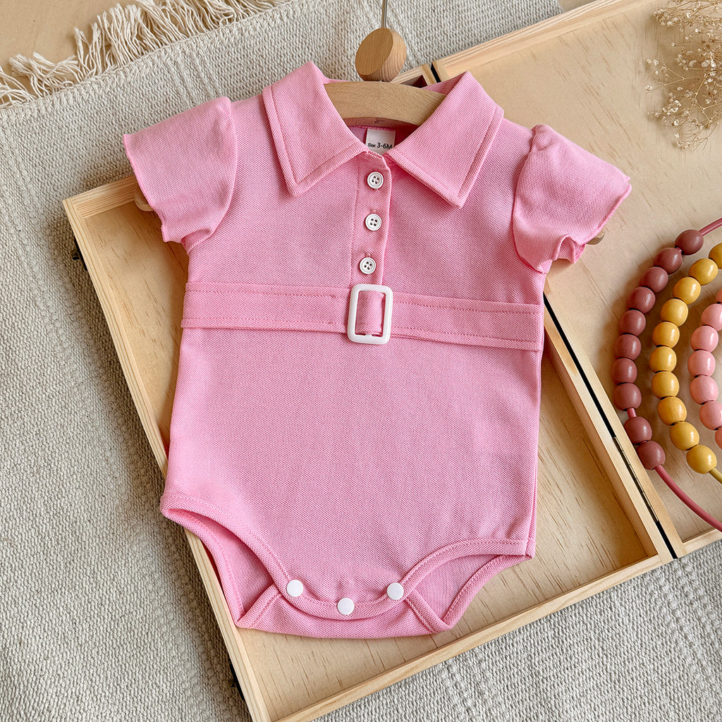 Baby Girl Pink Polo Bodysuit Flutter Sleeve Belt Romper